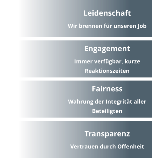 Leidenschaft Wir brennen für unseren Job Engagement Immer verfügbar, kurze Reaktionszeiten Transparenz Vertrauen durch Offenheit Fairness Wahrung der Integrität aller Beteiligten